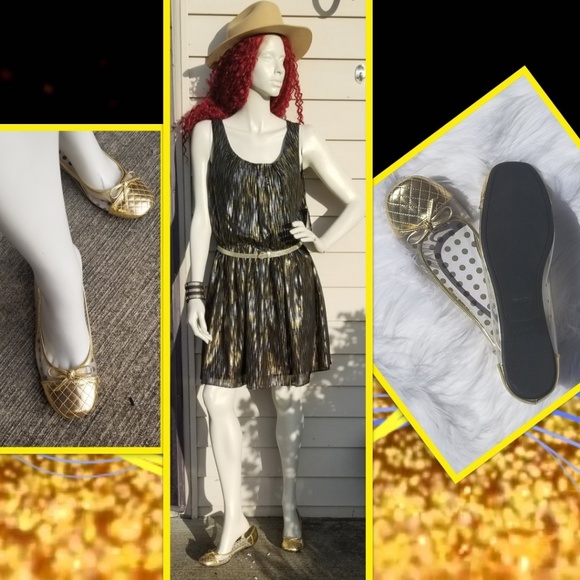 Quilted Gold Ballet Flats with Cute Bow Detail - Picture 2 of 8